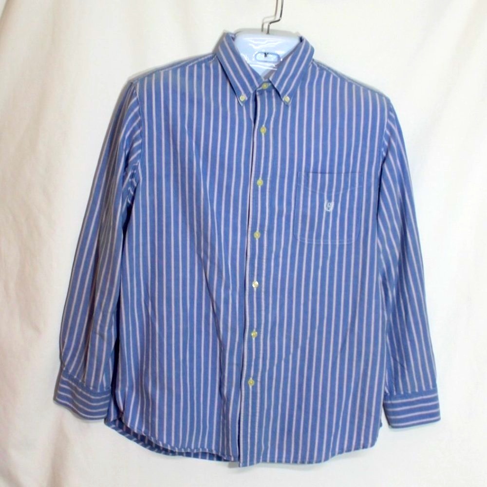 CHAPS Light Blue & Pink Striped Button Front Shirt Size Large Long Sleeve Pocket